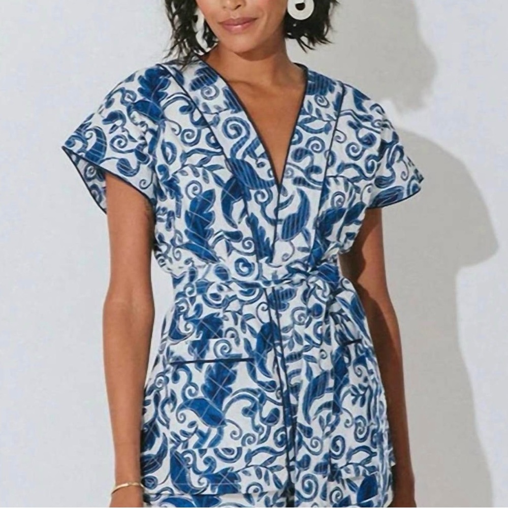 Cleobella TAYLA WRAP VEST Blue and White Patterned Top NWT Small